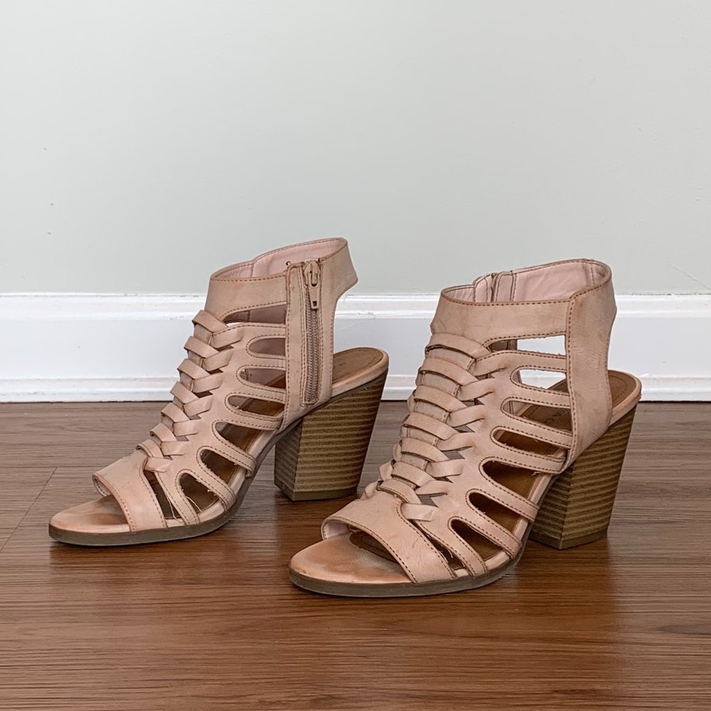 Light Pink Weaved Peep Toe Heeled Bootie Sandals